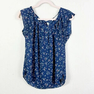 LC Lauren Conrad Blue Floral Blouse Short Sleeve Tie Back